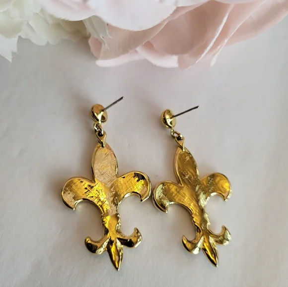 Fleur De Lis Drop Earrings Black Gold Enamel Mardi Gras Saints Fan Jewelry 2" - Picture 10 of 11